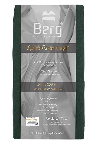 Berg Bettlaken 140x200 +35 cm Yükseklik Lastikli Lüks Penye Pamuklu Çarşaf Yeşil