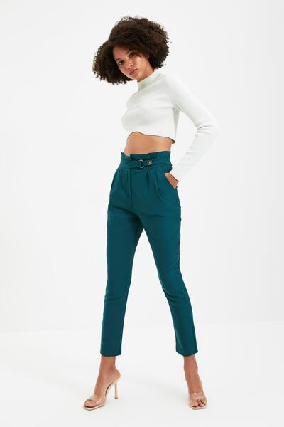 Trendyol Collection Petrol Carrot Skinny Leg Belt Detailed Pleated Woven Trousers TWOSS20PL0131