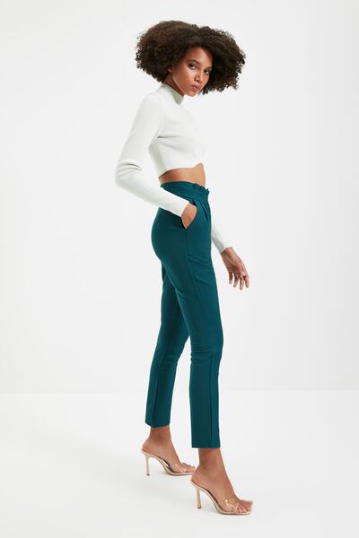 Trendyol Collection Petrol Carrot Skinny Leg Belt Detailed Pleated Woven Trousers TWOSS20PL0131