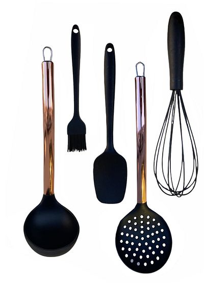 AROW Silicone Fireproof Non-Stick Ladle Colander Beater Spoon Brush Set Set 5 Pieces