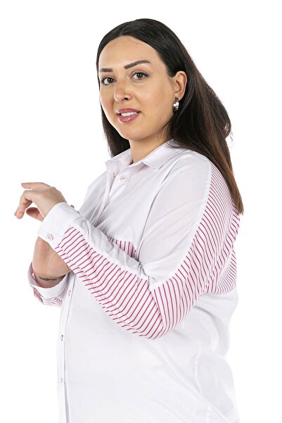 DISENTIS MODEST Cămașă albă fucsia - mânecă liliac, buzunar pentru geantă, combinație de dungi, mărime Plus