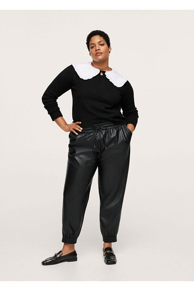 MANGO Woman Women's Black Faux Leather Trousers