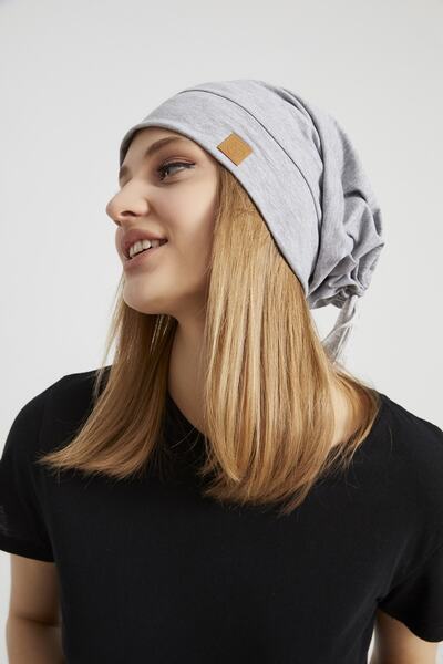 Butikgiz Kadın Gri, Ip Detaylı Trendy Özel Tasarım 4 Mevsim Şapka Bere Buff -ultra Yumuşak Doğal Penye Kumaş