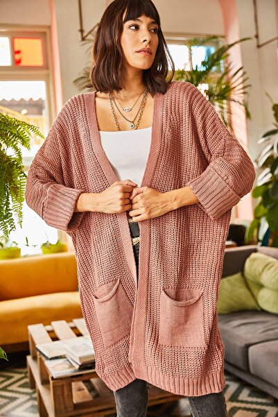 Olalook Woman's Dusty Rose Sleeve Folded Pocket Loose Knit Cardigan HRK-19000123