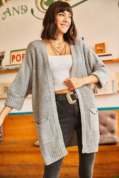 Olalook Woman's Gray Arm Folded Pocket Loose Knit Cardigan HRK-19000123