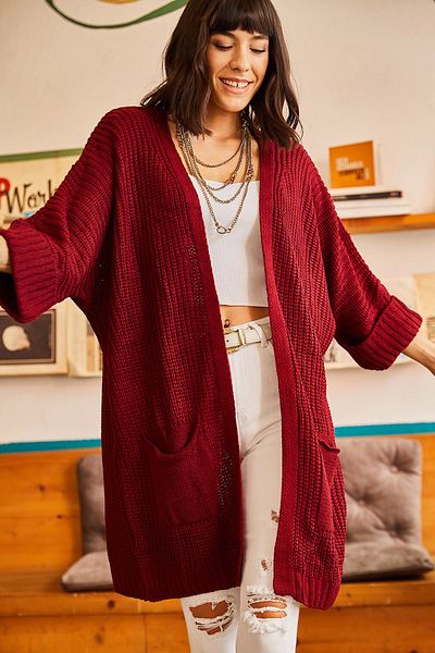 Olalook Cardigan de damă din tricot largi cu mâneci visinii cu buzunar pliat HRK-19000123
