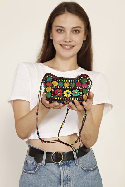 Street Bag Etnik Otantik Doğal Hindistan Cevizi Süslemeli Omuz Çantası Günlük...