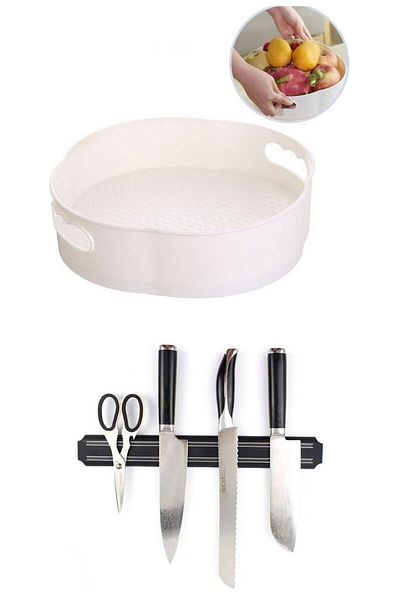 Buffer Round Tray Formed Organizer with 360 Degree Rotatable Mechanism + Magnetic Knife Hanger 33 Cm