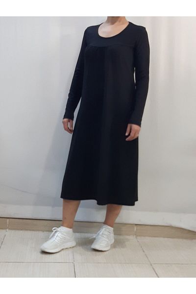 Mertcan Butik Robada Gathered Long Sleeve Black Tunic Dress