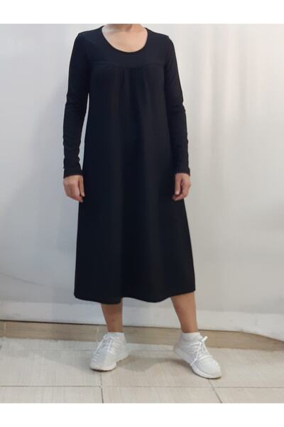 Mertcan Butik Robada Gathered Long Sleeve Black Tunic Dress