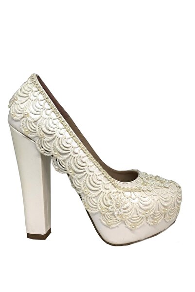 YGTSHOES Gelinlik Ayakkabısı Beyaz Krem Taşlı Yüksek Topuk