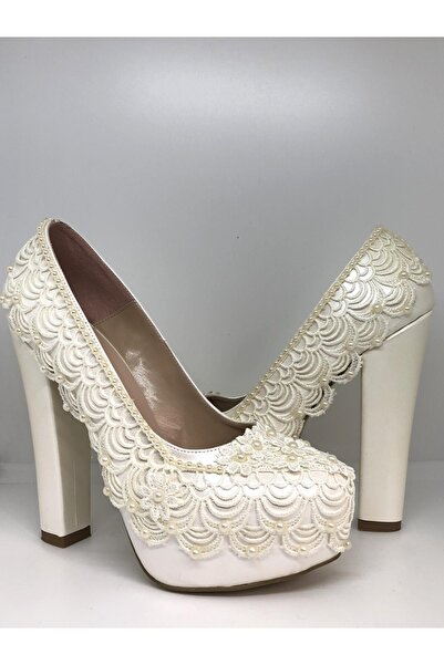 YGTSHOES Gelinlik Ayakkabısı Beyaz Krem Taşlı Yüksek Topuk