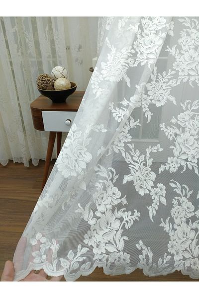 perdealemi Rose Patterned Lace Tulle Curtain 150x250 Sparse Pleat, 1/2