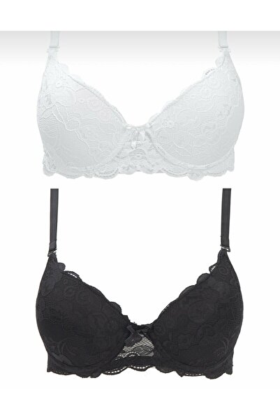 larisa kozmetik & içgiyim Kadın Siyah Ekru Dolgulu 2'li Paket Sütyen 2lisütyen