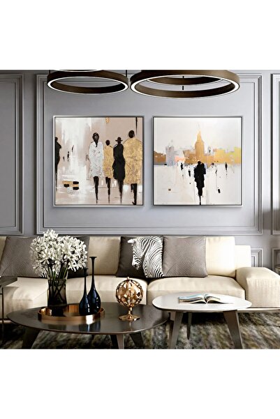 Markazip Gümüş Metal Çerçeveli 70x70cm Ikili Modern Sanat Insanlar Kanvas Tablo Td99-2-g