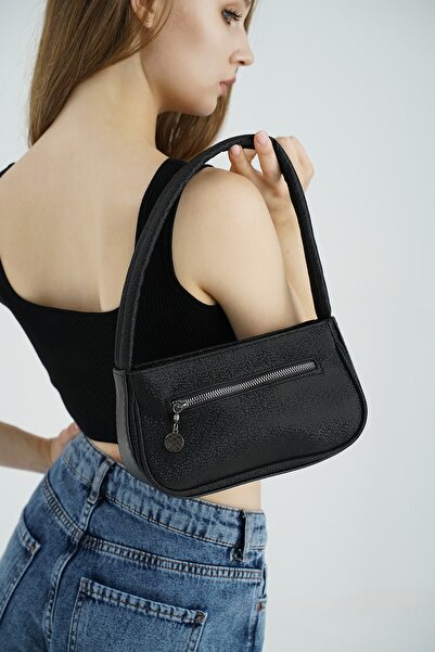 Top All BAG Siyah Kadın Baget El Ve Omuz Fermuarlı Çanta