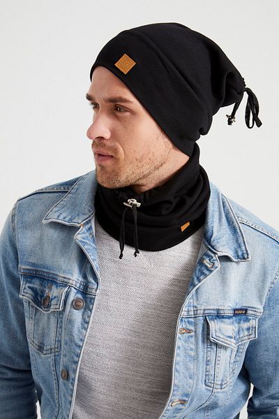 Butikgiz Men's Young Athletic Black Rope Detailed Hat Beanie Neck Collar Suit - Sports, Comfortable, 100% Cotton, Hand Made