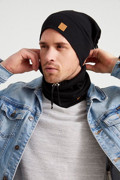 Butikgiz Men's Young Athletic Black Rope Detailed Hat Beanie Neck Collar Suit - Sports, Comfortable, 100% Cotton, Hand Made