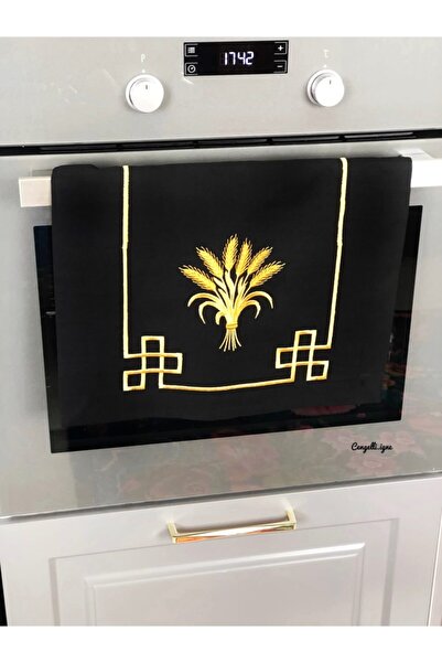 Çengelli İğne Siyah Gold Başak Desenli Fırın Örtüsü