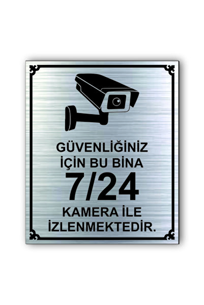 Camera 7/24 Door Warning - Directional Sign Silver Oval 10 Cm X 12 Cm Cm Rezopal Sign