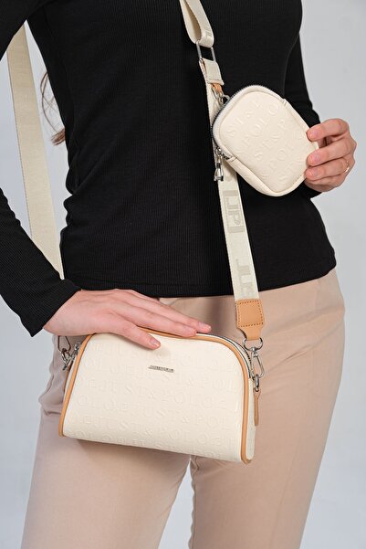 Just Polo محفظة نسائية باللون الكريمي وحقيبة كروس وحقيبة للجسم