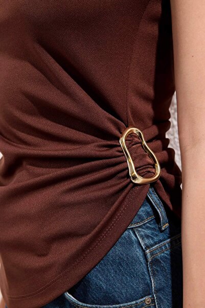 Trendyol Collection Καφέ ίσια λαιμόκοψη αμάνικη πλεκτή μπλούζα Scuba Crepe Party TPRSS25BZ00045