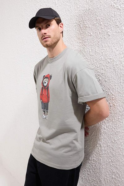 Trendyol Collection Šedé unisexové oversize tričko s potiskem medvídka 100% bavlna TMNSS25TS00158