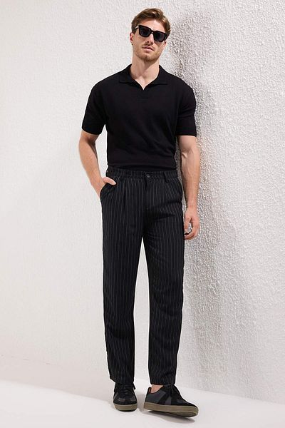 Trendyol Collection Black Striped Pleated Classic Baggy Fit Fabric Pants Tmnss24Pl00024
