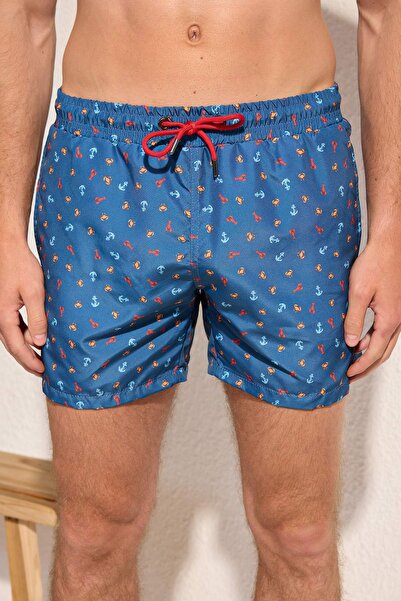 Trendyol Collection Marineblauer, gemusterter Badeanzug in Standardgröße, Badeshorts TMNSS25DS00001