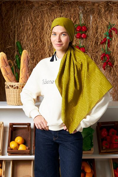 MİRSOY SCARF Șal Jacquard din bumbac cu model ritmic - verde ulei
