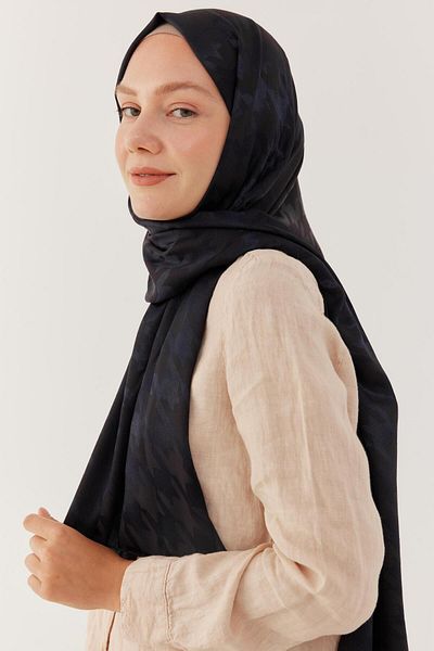 MİRSOY SCARF Shiny Jacquard Patterned Houndstooth Shawl - Dark Navy