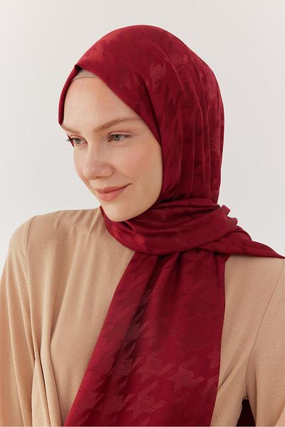 MİRSOY SCARF Shiny Jacquard Houndstooth Patterned Shawl - Cherry Rotten