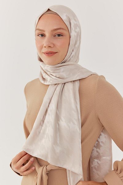 MİRSOY SCARF Shiny Jacquard Patterned Houndstooth Shawl - Stone