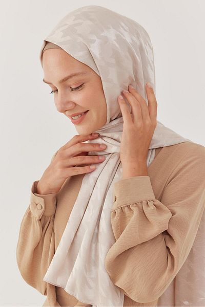 MİRSOY SCARF Shiny Jacquard Patterned Houndstooth Shawl - Stone