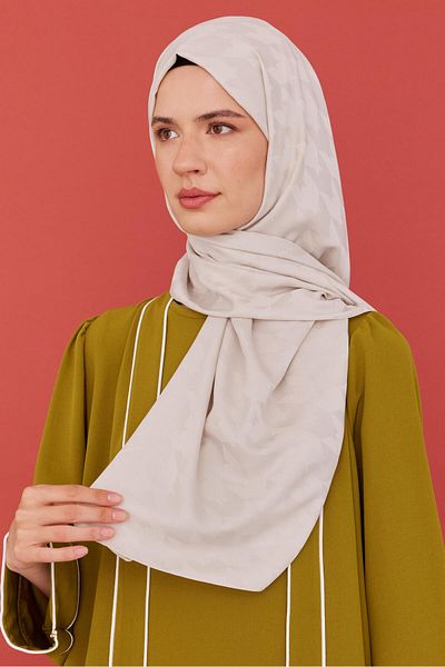 MİRSOY SCARF Stone Colored Houndstooth Patterned Silky Jacquard Shawl