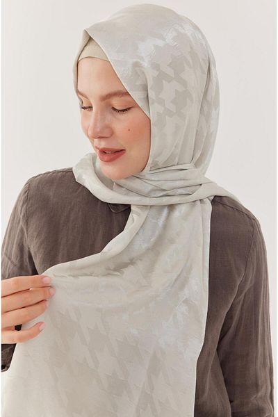 MİRSOY SCARF Shiny Jacquard Patterned Houndstooth Shawl - Off-White