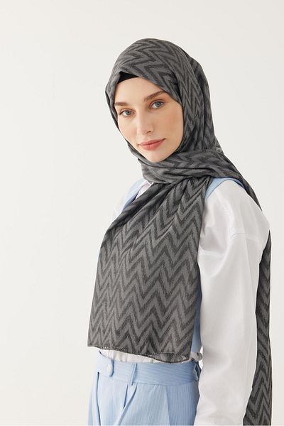 MİRSOY SCARF Γυαλιστερό Ζακάρ Σάλι με Ζιγκ-ζαγκ - Καπνός