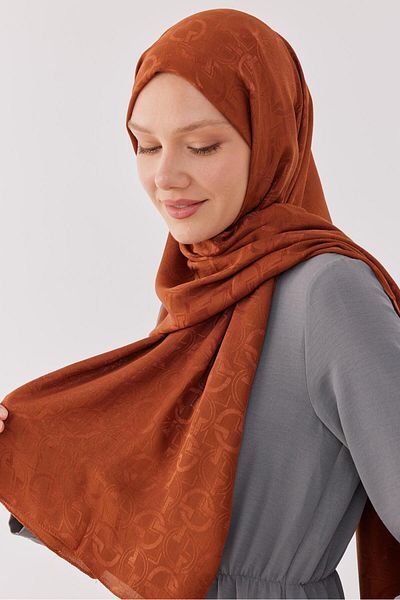 MİRSOY SCARF Shiny Jacquard Checker Patterned Shawl - Copper