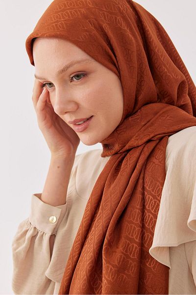 MİRSOY SCARF Shiny Jacquard Patterned Ring Shawl - Copper
