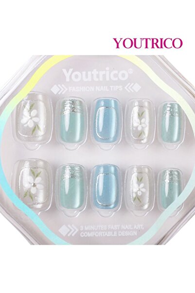 Youtrico 30 ظفرًا لاصقًا، زهرة للبنات، تصميم حافة فضية جميلة، صالون أظافر، أظ...