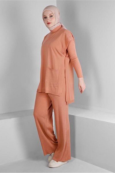 Alvina Triple Corded Slit Knitwear Trousers Set - 43214