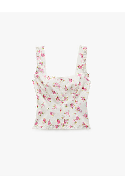 Koton Cotton Buttoned Square Neck Watermelon Sleeve Ruffled Floral Blouse