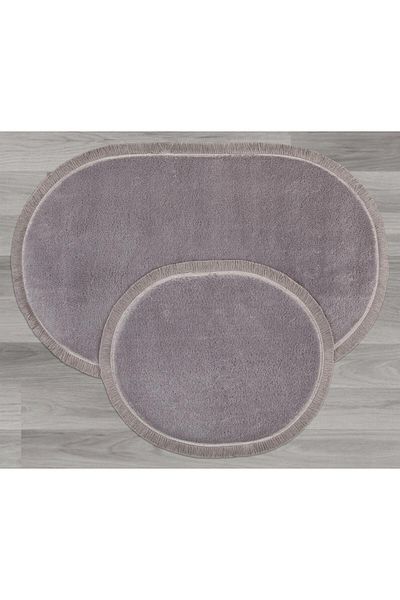 Myevilla My Evilla Modern Decorative Carpet Gel Non-Slip Base Plush Gray Fringed Oval Floor Mat Set 60x100