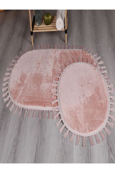 Myevilla Modern Decorative Washable Plush Puffy Non-Slip Base Oval Tassel Fringed 2-Piece Bath Mat 50x80