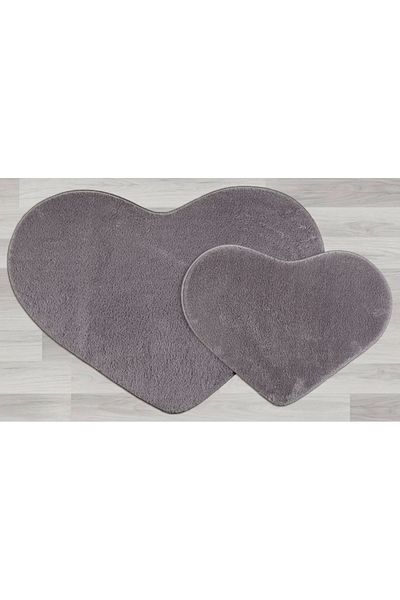 Myevilla My Evilla Modern Decorative Carpet Gel Non-Slip Base Plush Puffy Heart Model Gray Floor Mat Set 70X100-70X