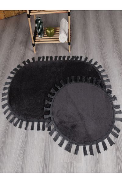 Myevilla Modern Decorative Washable Plush Puffy Non-Slip Base Oval Tassel Fringed 2-Piece Bath Mat 50x80