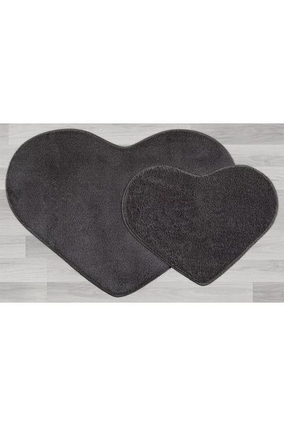 Myevilla My Evilla Modern Decorative Carpet Gel Non-Slip Base Plush Puffy Heart Model Anthracite Floor Mat Set 70X1