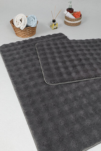 Myevilla Modern Bubble 2-Piece Toilet Set - Washable, Non-Slip Plush, Bath Mat Rug 60x100-50x60cm Anthracite