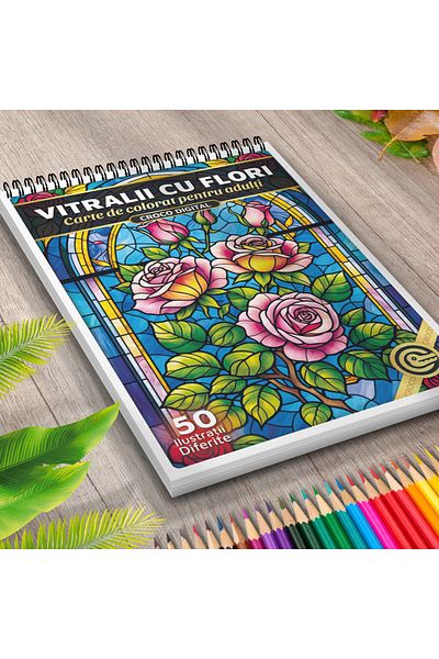 OEM Adult Coloring Book, Stained Glass Flowers, 50 Antistress Illustrations for Relaxation