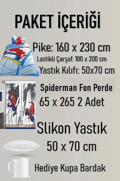 Taç Spiderman Pike Set + 2-Piece Spiderman Background Curtain + Pillow + Mug Cup Gift Total 7 Pieces